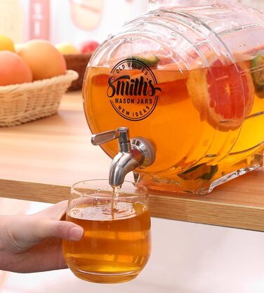 Smiths Mason Jars 5L Refrigerator Water Dispenser with Steel Tap and Glass Lid - Easy pouring with metal tap and space-saving design - ideal for infused waters and juices
