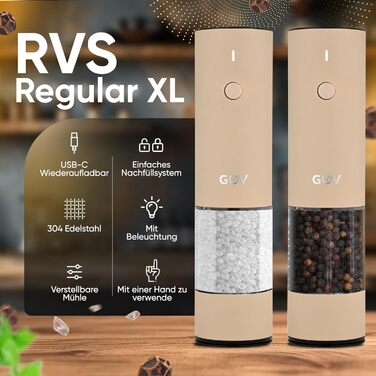 Electric Pepper and Salt Grinder Set - 75 ml Beige Edition - USB-C Rechargeable - 6 Adjustable Grind Sizes - Stylish Beige Stainless Steel Design with LED Light