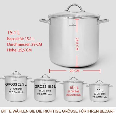 Великий суповий каструля HOMICHEF з нікелевмісної нержавіючої сталі 18,9 л з кришкою, для індукційних плит, дзеркальна поліровка, 31 см
