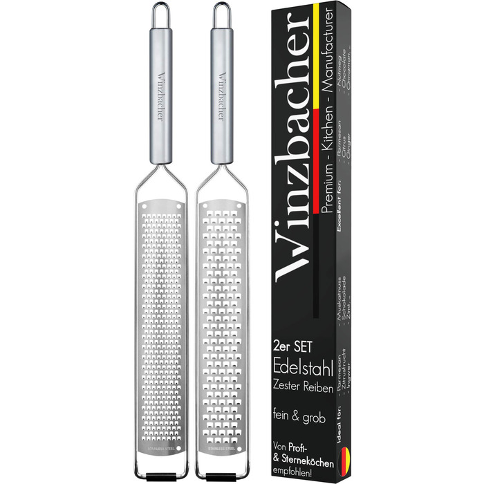 Набір з 2 шт. терки з нержавіючої сталі | Терка для пармезану, лимону, мускатного горіха, імбиру, цитрусових | Лезво гостре як бритва | З захистом та щіткою для чищення, вузька та довга