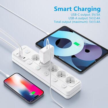 Смуга розеток JSVER на 5 розеток з індивідуальним вимикачем, 2 USB-A та 2 USB-C (17W), 2м кабель живлення для смартфонів та ноутбуків - білий