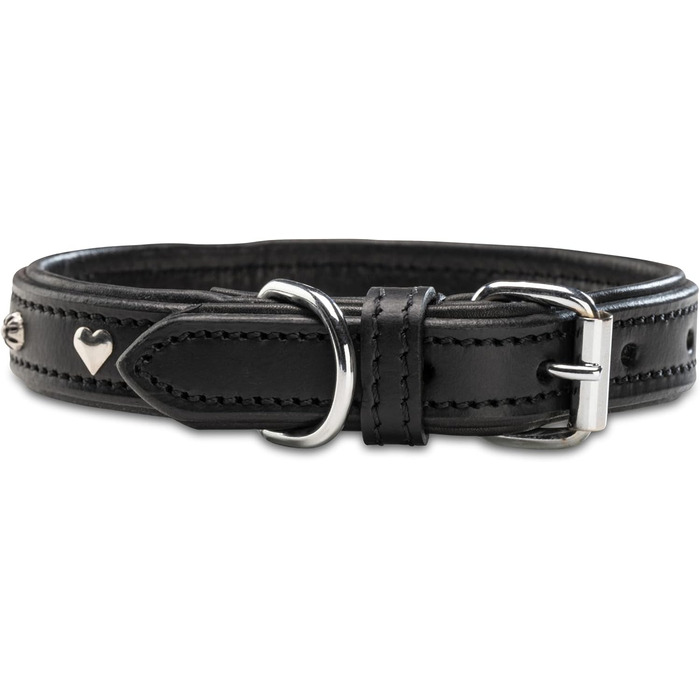 Нашийник для собак Jack Russell з натуральної шкіри чорного кольору з аплікаціями у вигляді серця та квітки, подвійний шар, розмір S (26.0-36.0)
