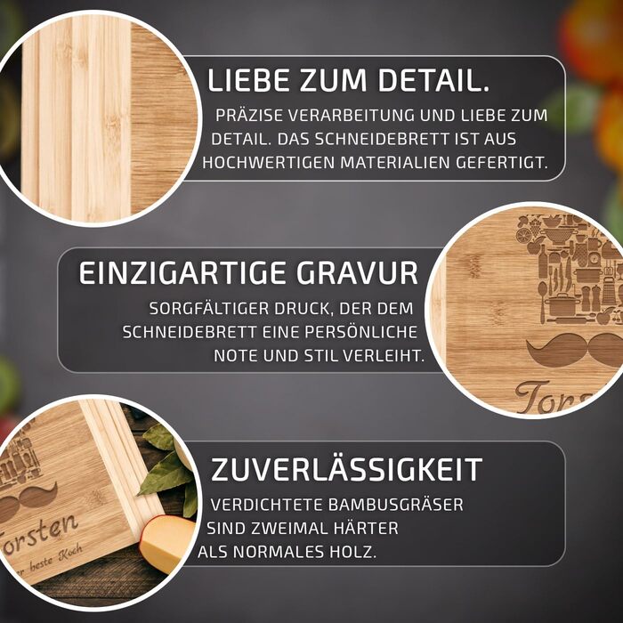 Maverton Bamboo Cutting Board with Engraving - Serving Board - Charcuterie Board solid wood - Size: 35x25 cm - Cutting board for men - for birthdays - for Christmas - chef's hat