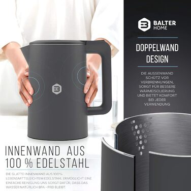 Balter Stainless Steel Kettle WK-4, 1.7 Liter, Electric Kettle, Double-Walled Design, BPA Free, LED, Compact Tea Kettle, Quiet (Black) (Gray)