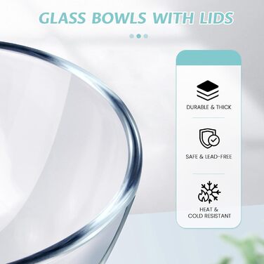 Luvan Glas Mixing Bowls with Lids 3-Piece Set (4.2 L, 2.5 L, 1 L), Large Round Salad Bowls for the Kitchen, ideal for Storing Food, Cooking, Baking, Preparing, Dishwasher Safe