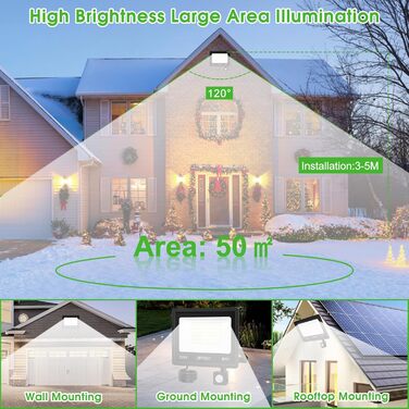 LED прожектор з датчиком руху для вулиці, 50Вт, 5000Лм, IP67, 7000K холодне біле світло, надяскравий, для саду, гаража, подвір'я (2 шт)