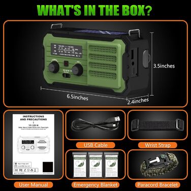 Радіо на заводі з ручним приводом Vokida + Powerbank 10000mAh, AM/FM/NOAA, Ліхтарик, Термоковдра, Браслет-паракорд для кемпінгу та виживання