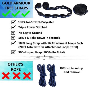 Гамак кемпінговий Gold Armour XL подвійний, портативний, з ременями для кріплення, для дому та відпочинку на природі, США