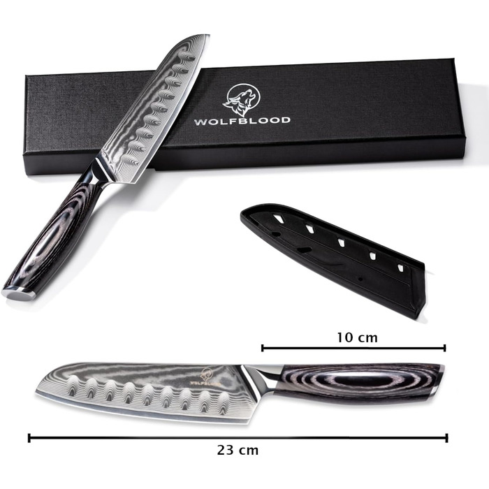 Ніж Wolfblood PRO Damast Santoku (23 см) з дамаської сталі 67 шарів - професійний кухонний ніж з дерев'яною ручкою, подарункова коробка та захист леза