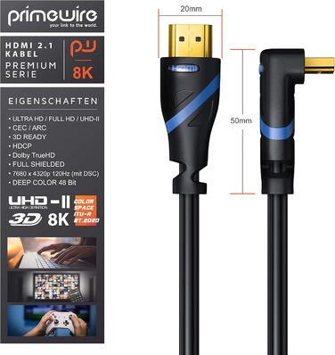 HDMI кабель 8K 2.1 з кутовим конектором 90° - 3 метри. Підтримка 8K@60Hz, DSC, UHD II, Dynamic HDR, eARC, VRR, Dolby Vision