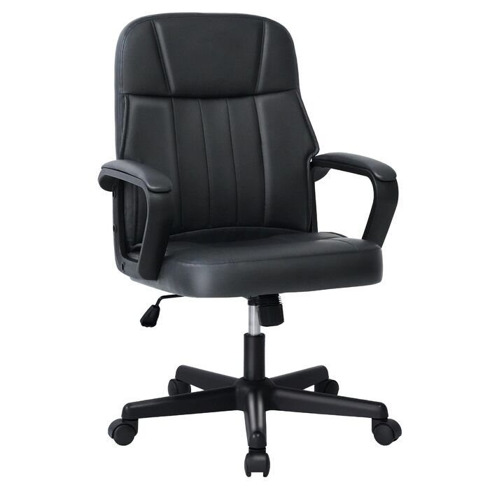 Офісне крісло MIXASTEP з PU-шкіри, поворотне, регульована висота, міцні підлокітники, 360° колеса, для роботи, навчання, ігор (Чорний)