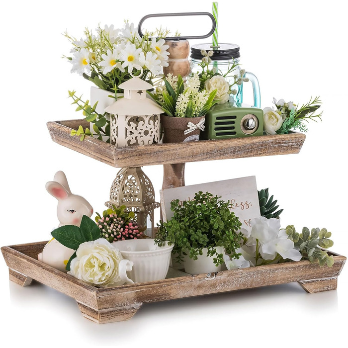 Hanobe Decorative Table Tray Shelving Wood: Brown Wooden Tray Large Rectangular with 2 Tiers Farmhouse Decorative Tray Vintage Shabby Serving Trays for Home Coffee Corner Bathroom