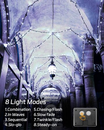 Сонячна гірлянда для зовнішнього використання, 12м, 120 LED, холодне біле світло, 8 режимів. Підходить для декору саду, двору, тераси, весіль. Вологостійка.