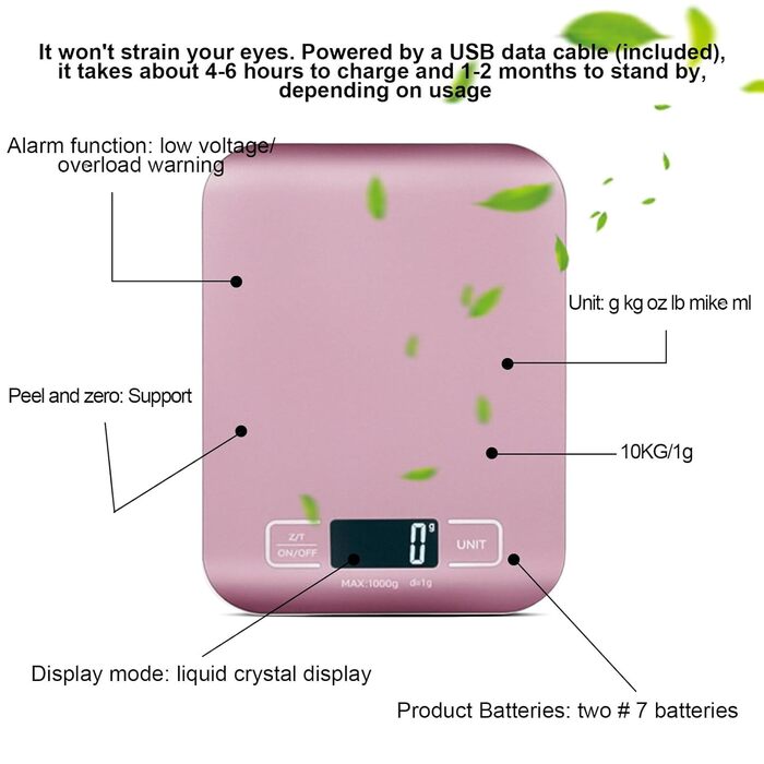 Кухонні ваги цифрові, 10 кг/1 г, USB, з підзарядкою, LCD дисплей, функція тарування, професійні кухонні ваги, рожеве золото