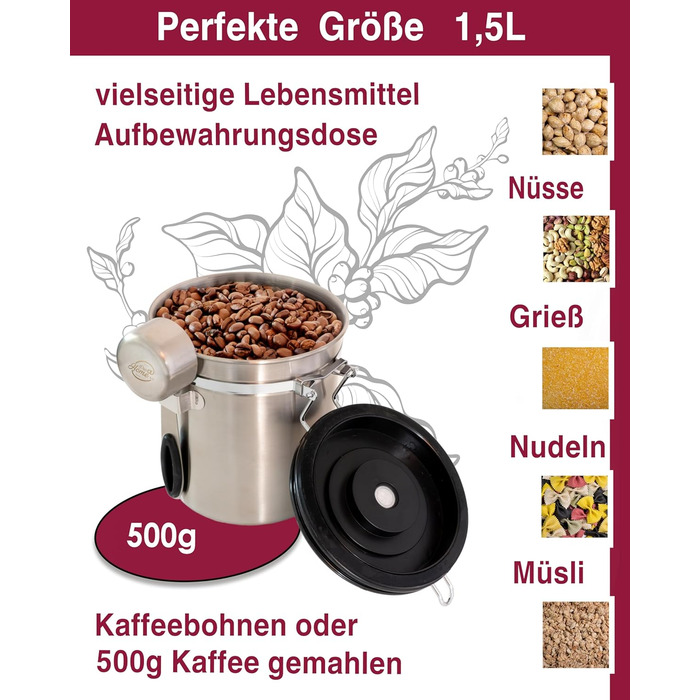 Контейнер для кави Kaffeedose 500г, нержавіюча сталь, 1,5л з дозатором та календарем, срібний