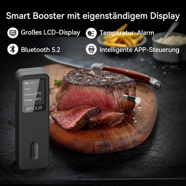 Термометр для м'яса BFOUR BF-30 PRO: бездротовий Bluetooth термометр-щуп з LCD-дисплеєм, IP67, для приготування BBQ, гриля, духовки, кухні (чорний)