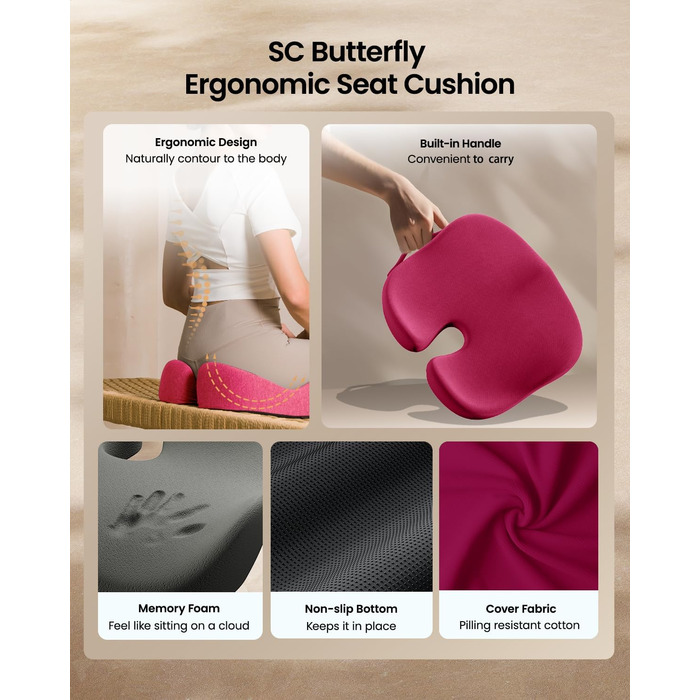 Ортопедична подушка для сидіння ProtoArc для офісного крісла: ергономічна, з піною Memory Foam, для рівномірного розподілу тиску, для комфорту протягом дня (Рожева, велика)