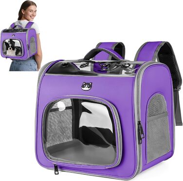 Рюкзак для котів та собак великих порід від ALLSOPETS, дихаючий, з фронтальною відкриваемою конструкцією та страхувальним ремінцем, ідеальний для подорожей, прогулянок та хайкінгу (Квітково-рожевий, Лавандовий)