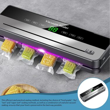 Вакуумний пакувальник харчових продуктів 5-в-1 з 10 пакетами 20x30 см, 65Kpa, знімний прилад для запаювання фольги, LED-дисплей та різак для сухих та вологих продуктів (сірий)