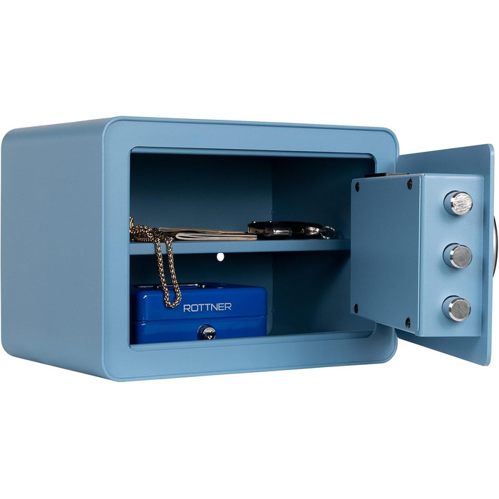 Сейф меблевий Rottner Vintage-Blue зі сталі: електронний замок, сканер відбитка пальця, аварійне відкриття, внутрішнє підсвічування та полиця