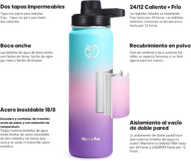 Термопляшка HydroPal 1.2л з нержавіючої сталі, BPA-free, зі соломинкою та 2 кришками (для пиття та виливання), для спорту, кемпінгу та подорожей