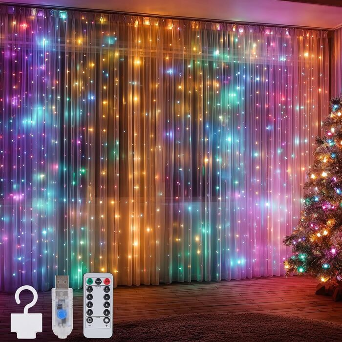 Ланцюжок LED-ліхтарів LuJasi для декору приміщень 3x3м, 300 LED, з пультом, 10 гачків, USB, для вікна, стіни, кімнати, балкона, тепле світло, PVC (кольоровий/білий)
