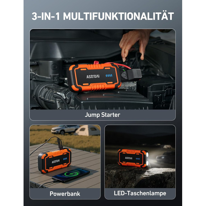 Powerbank AstroAI P10 для авто: пусковий пристрій, 10L бензин/8L дизель, 12V, LED, Orange