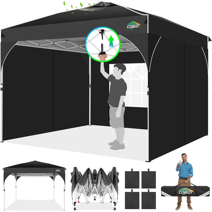 COBIZI Folding Gazebo 3x3, 3x3 Gazebo Waterproof Stable One Push UV Protection Outdoor Party Tent Corrugated Eaves Festival Tent Tent Garden Gazebo Pavilion Folding 3x3m With Carry Bag, (Black, 3x3 with 3 Side Walls)