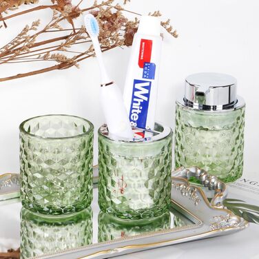 Pink bathroom accessory set made of glass, including a toothbrush holder, soap dispenser, and cup, a foaming soap dispenser, and a toothbrush holder, 3 pink bathroom cups for brush and toothpaste (green and silver).