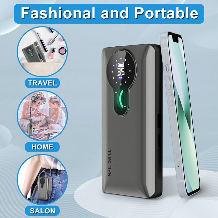 Професійний нігтефрезер ENGERWALL 35000 об/хв з акумулятором 20 годин, електрична машинка для манікюру з 7 насадками, бездротова, для акрилу та гелю, срібляста (Pro).