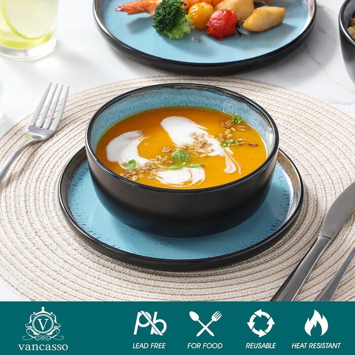 Набір мисок Vancasso (36 шт.) для сім'ї: 6 мисок з кераміки (840 мл), салати, супи, десерти. Безпечно в мікрохвильовці та посудомийній машині (Морська блакить)