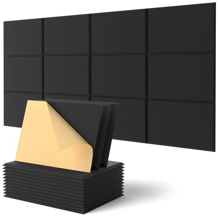 Акустичні панелі для звукоізоляції стін прямокутні, шумопоглинаючі панелі високої щільності з самоклейкою, чорні (30x40x0.9 см, 12 шт)