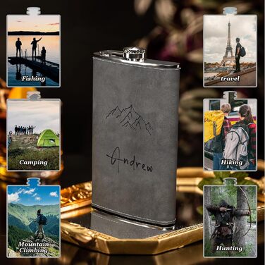 Фляга з гравіюванням гір, сталевий флакон 237мл/8oz, персоналізований подарунок для чоловіків, кемпінгу, туризму (сірий)