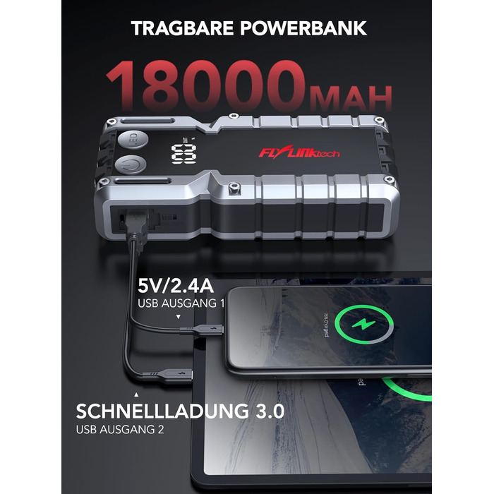 Powerbank Flylinktech CF900 для автозапуску з LCD-дисплеєм, 7000A, LED-ліхтарик, USB 3.0 (до 9.0L бензин/8.0L дизель)