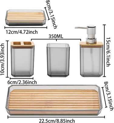Набір аксесуарів для ванної кімнати FEILANDUO, 5 шт: дозатор для мила, мильниця, тримач для зубних щіток, стакан для води, піднос для косметики, Бохо, сучасний дизайн (сірий)
