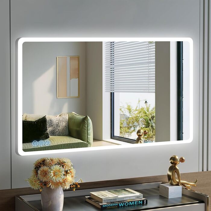 Дзеркало для ванної кімнати з підсвічуванням 100x60 см, сенсорні кнопки, IP65, 3 режими кольору, функція пам'яті, HD скло, горизонтальне/вертикальне встановлення