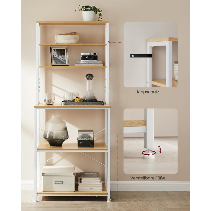 Поличкова стійка VASAGLE для кухні з 6 полицями та гачками, сталевий каркас, горіховий колір + білий, 40 x 60 x 167 см