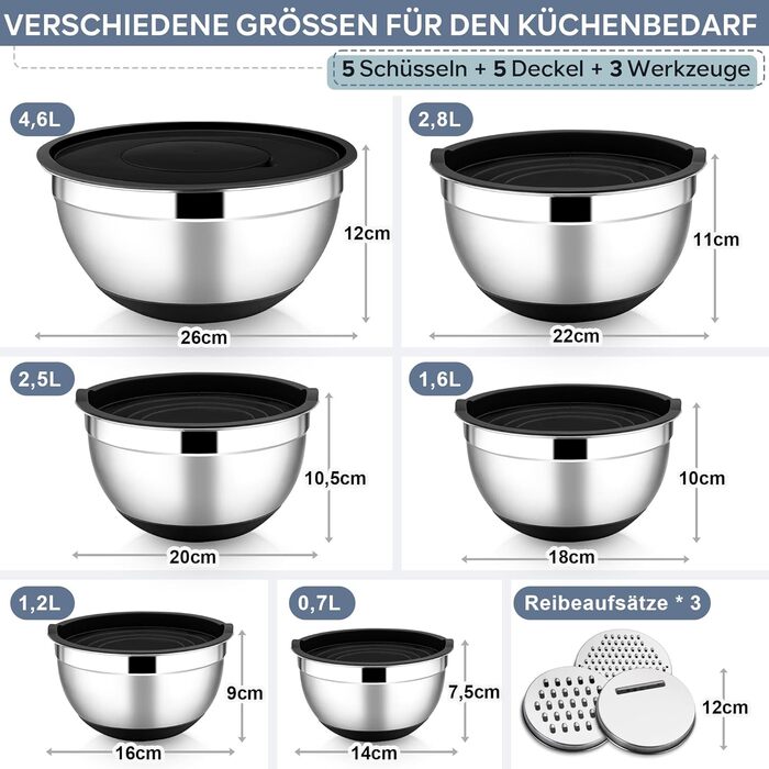 HaWare Mixing Bowl Set of 6, Stainless Steel Bowl Salad Bowl Set with Airtight Lid & 3 Grater Attachments, 4.6L/2.8L/2.5L/1.6L/1.2L/0.7L, Non-Slip Silicone Bottom & Dishwasher Safe, Black