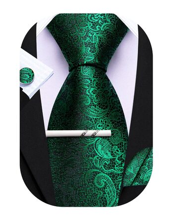 Набір краваток Barry.Wang з шовковим візерунком пейслі: краватка, кишеньковий хустинка, затискач для краватки (3 шт., зелений пейслі)