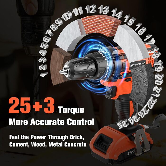 Акумуляторний шуруповерт AKZWOXRO 21V з 2 акумуляторами 2.0Ah, 42Nm, 2 швидкості, 25+3 ступені крутного моменту, патрон 10мм, LED, 30шт аксесуарів для дому та саду, помаранчевий колір