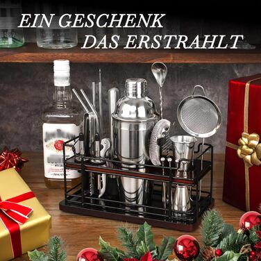 Набір для коктейлів Boston Cocktail Shaker Set 20 предметів з підставкою, 825 мл, нержавіюча сталь, для дому, професійний, з аксесуарами та рецептами, ідеальний подарунковий набір (сріблястий)