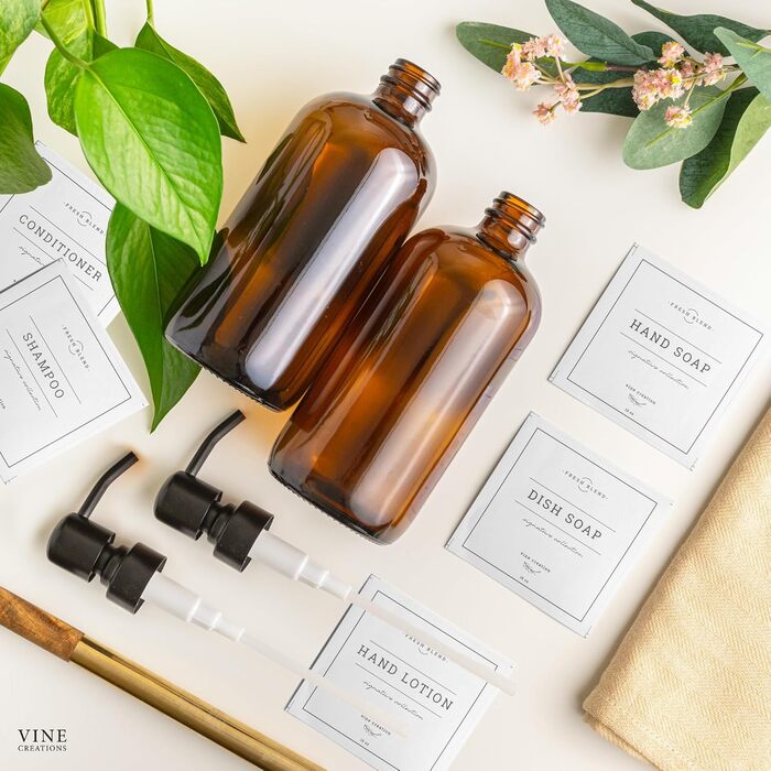 2-Pack Soap Dispenser Set for the Kitchen with Stainless Steel Pump, Amber Glass, 475ml, Hand Soap Dispenser for the Bathroom, Dish Soap Dispenser for the Kitchen with Waterproof Labels