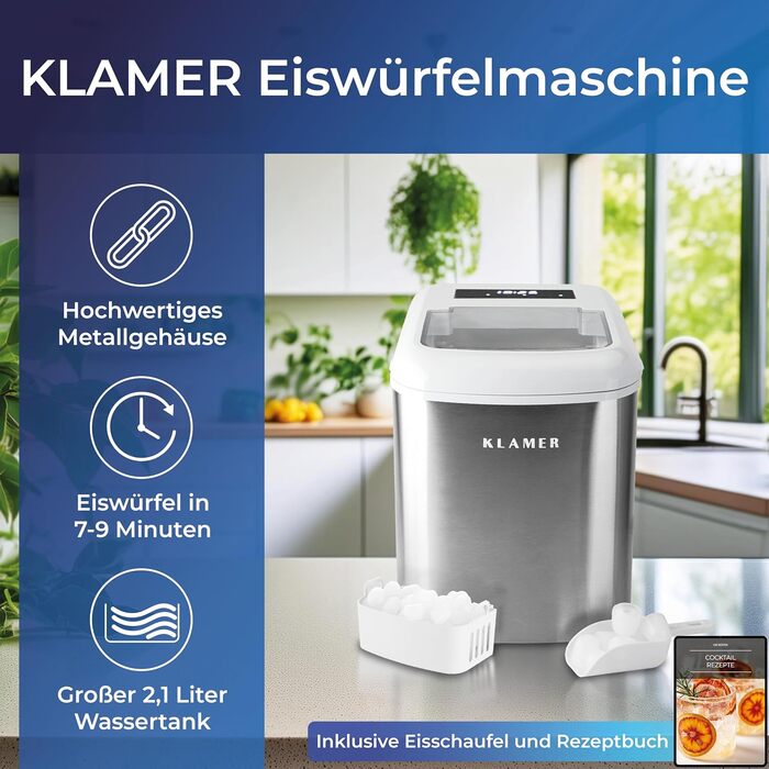 Машина для приготування льоду KLAMER, 2.1л, срібна, з лопаткою та таймером. Виробляє 10 кубиків за 7 хв, 15 кг/день