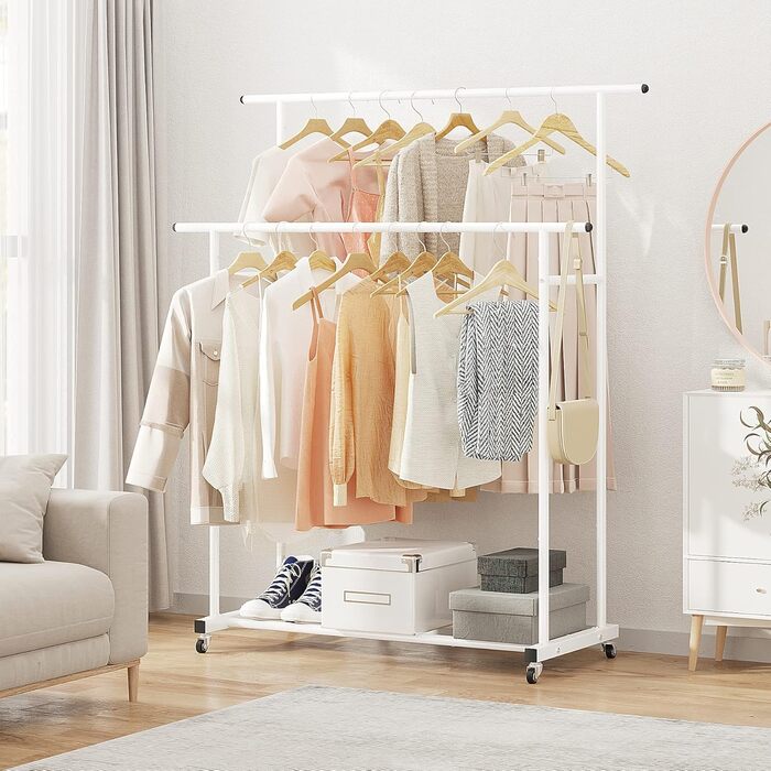 Clothes Rack with Double Rod, Rolling Clothes Rack, Portable Clothes Rack for Bedroom, Living Room, Clothing Store, (White)