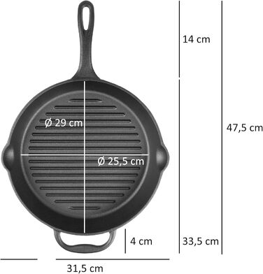 BBQ-Toro Сковорода-гриль з чавуну, Ø 29 см, з ручкою та носиками для зливу, рифлена, для гриля, духовки та барбекю