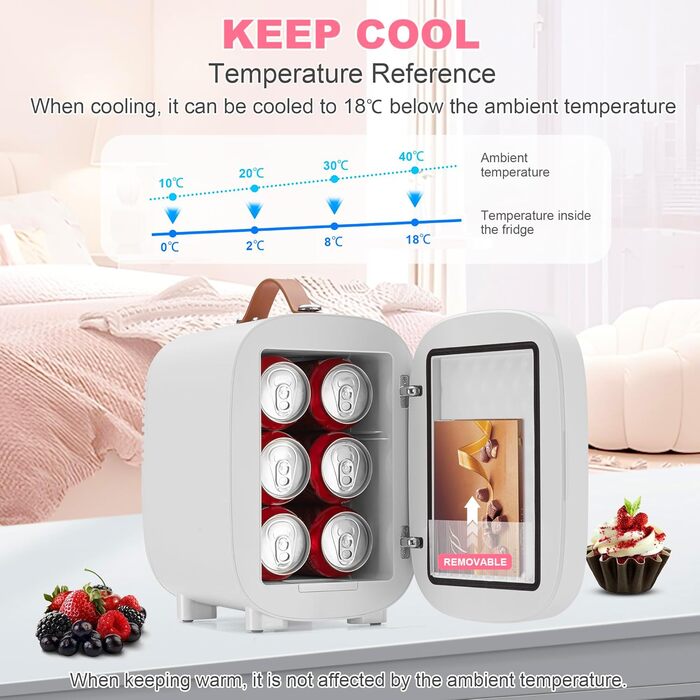 Mini-холодильник Enventor на 6 банок: косметичний холодильник з регульованим LED-дзеркалом, AC+12V DC, охолоджувач та нагрівач для спальні, дому, авто/догляду за шкірою та харчовими продуктами (білий, 4L)