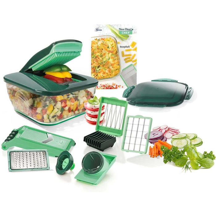 Набір Nicer Dicer Chef від Genius (15 частин): овочеріз, фруторіз, шинкувальник, подрібнювач, овочевий терт, мандоліна, зелень