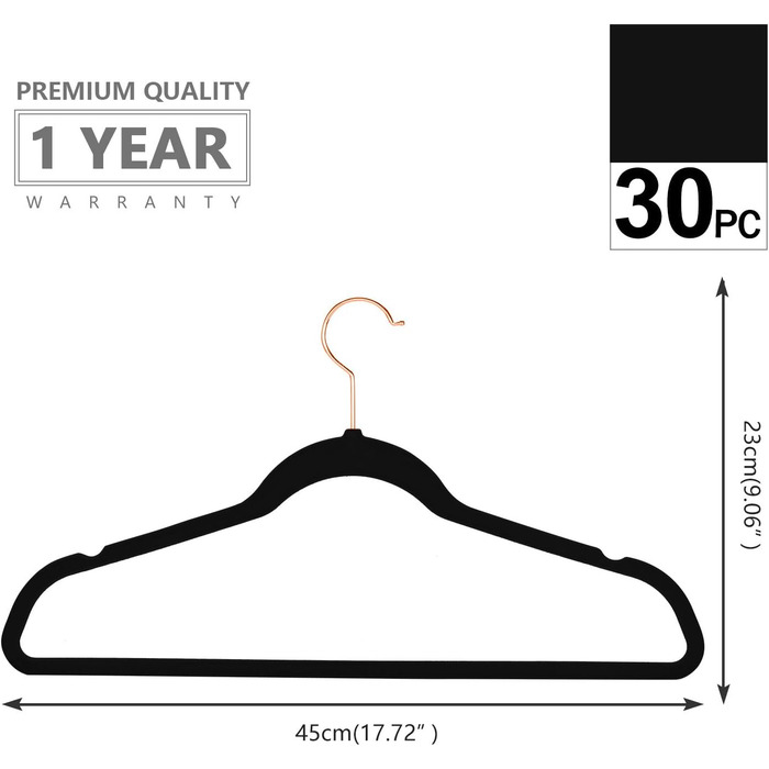 Плечики для одягу MIZGI з велюру (30 шт.), міцні, неслизькі, чорні, з гачками кольору міді/рожевого золота, економія місця