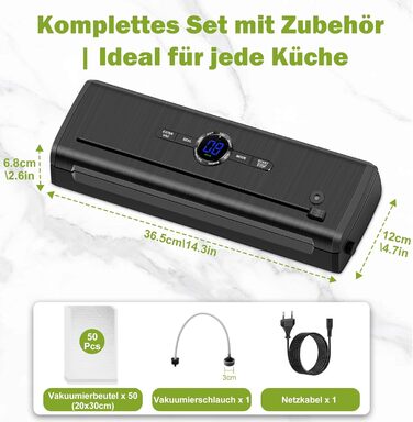 Вакуумний пакувальник KLGFI 7-в-1: професійний апарат для пакування продуктів з подвійною зварювальною швом, з нарізкою та цифровим лічильником. У комплекті 50 вакуумних пакетів. Чорний колір.