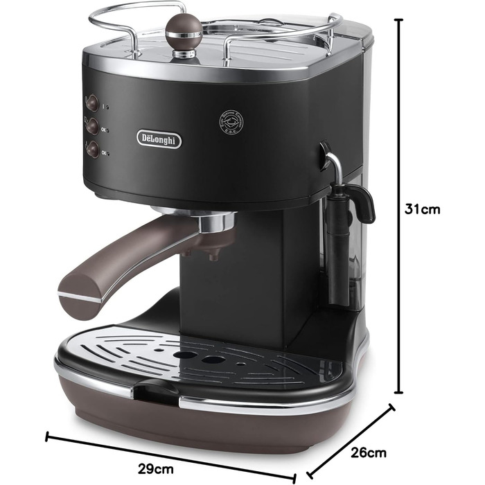 Еспресо-машина De'Longhi Icona Vintage ECOV 311.BG – чорна, з ручним капучинатором, для кави та ESE Pads, 1.4 л